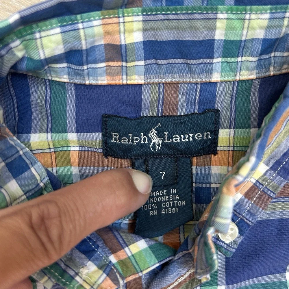 Ralph Lauren Short Sleeve Shirt Youth Kids Boys Size 7‎ Blue Orange  Green Plaid